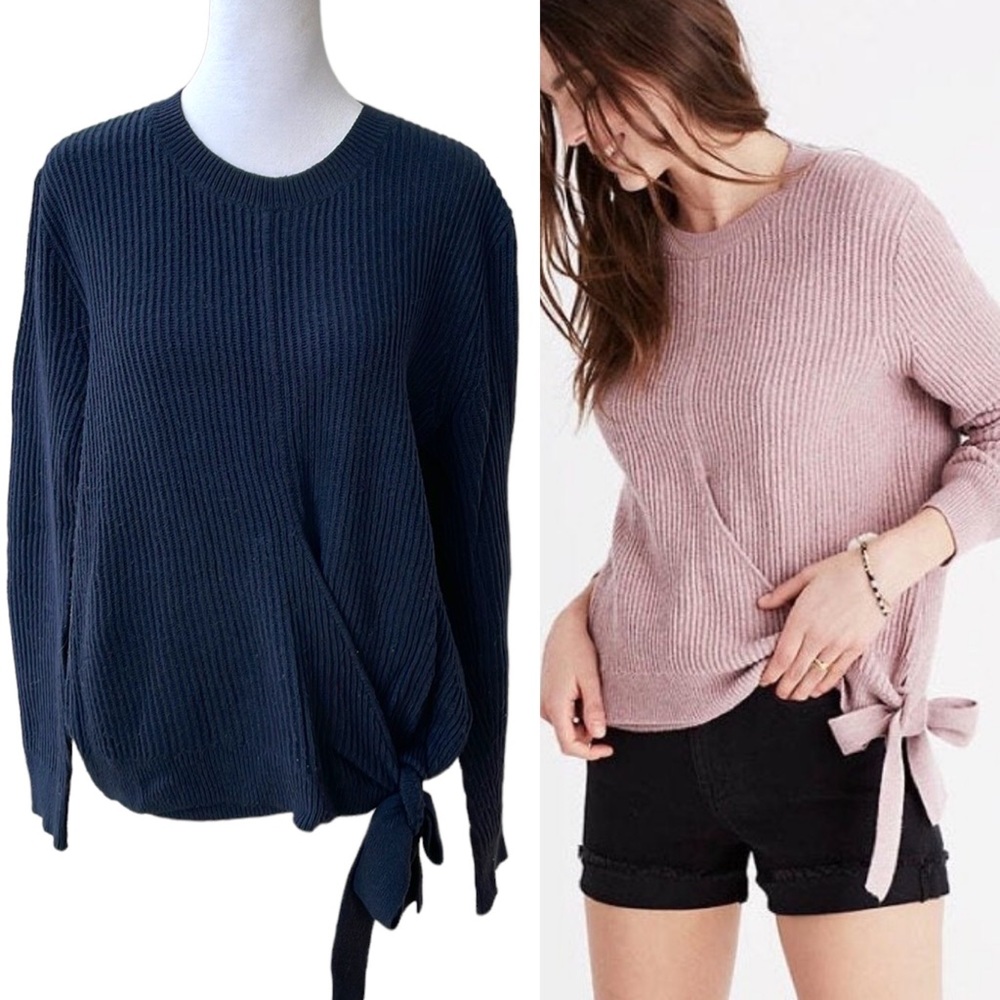 Madewell Navy Blue Side-Tie Pullover Ribbed Crewneck Sweater Cotton Sz M
